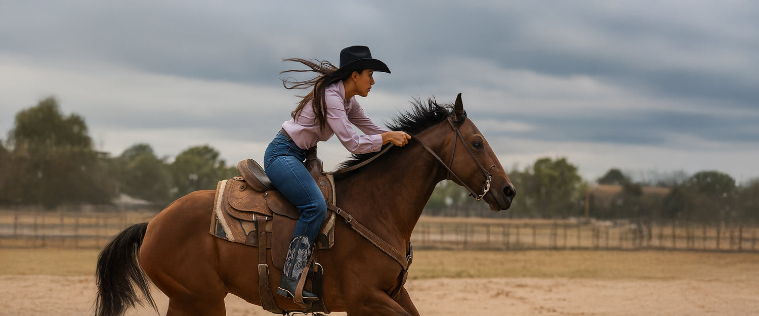Reiterin in Westernreitstiefel von Twisted X Boots auf einem Reitplatz.