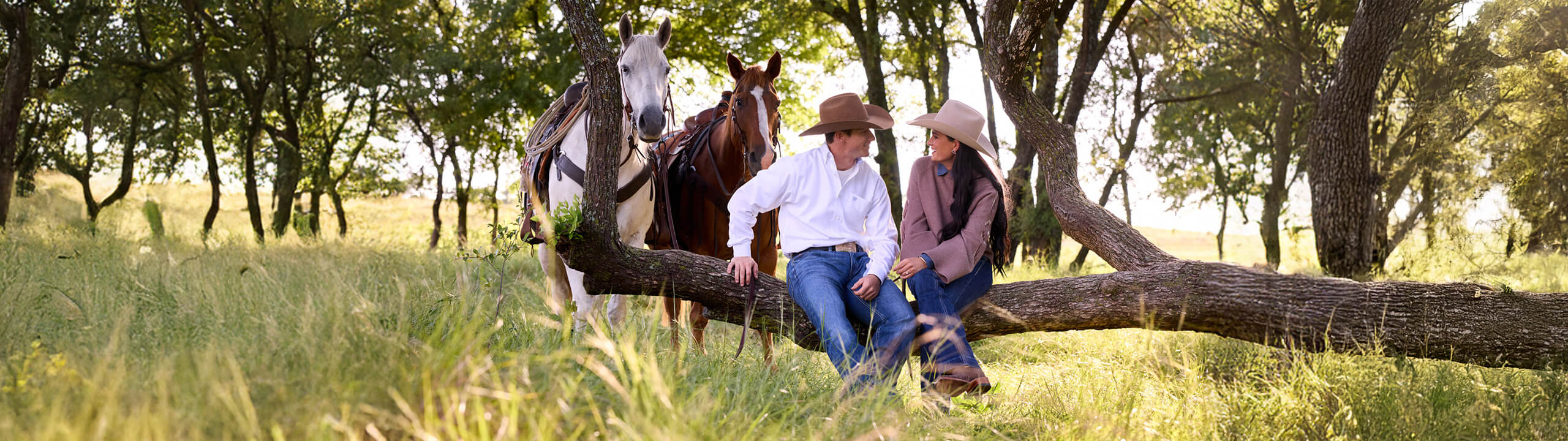 Cowboy und Cowgirl sitzen im Wald mit ihren Pferden.