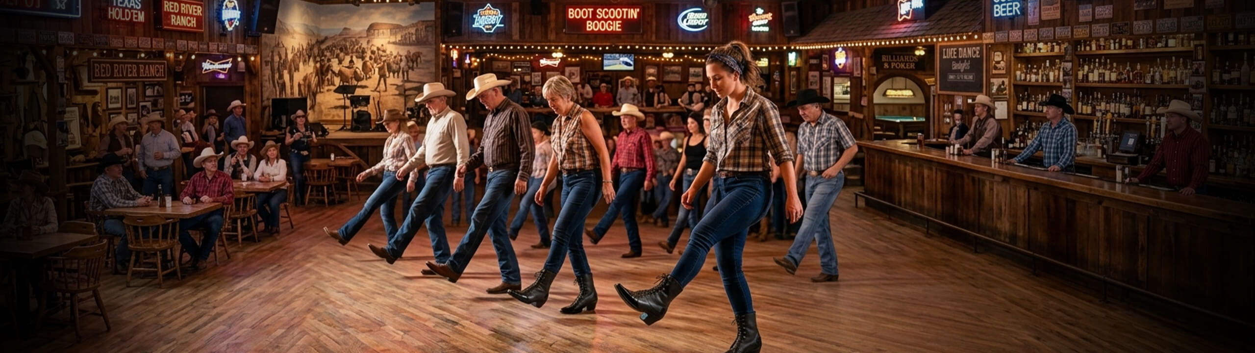 Linedancer am tanzen in einer Bar. 