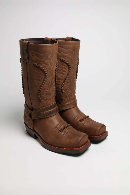 MB002 Brown Biker Boots - Rubber Sole