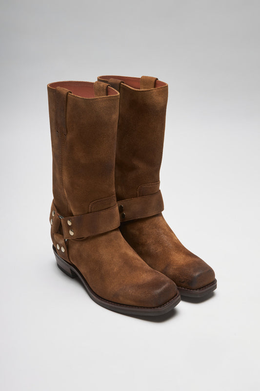 BU2001 JB FOUR Suede Brown Biker Boots - Rubber Sole