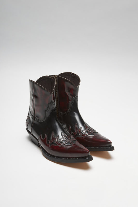 EMILIO Black Red Western Ankle Boots - Burdeos Negro