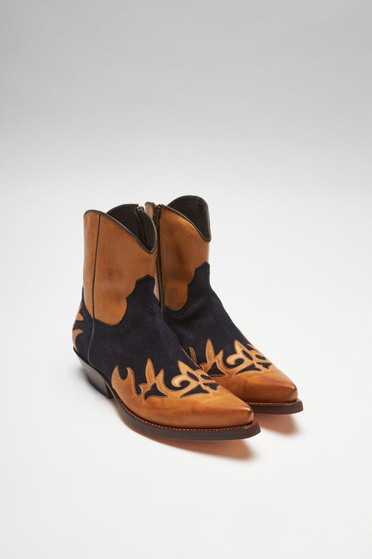 EMILIO Brown Blue Western Ankle Boots - Cuero Azul