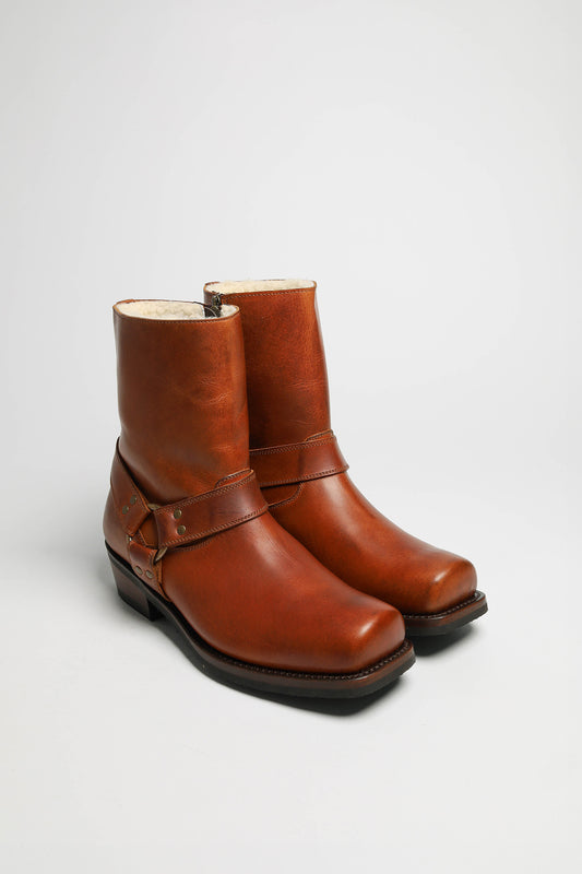 ROADSIDE MERINO Brown Biker Ankle Boots - Lambskin Lining &amp; Rubber Sole