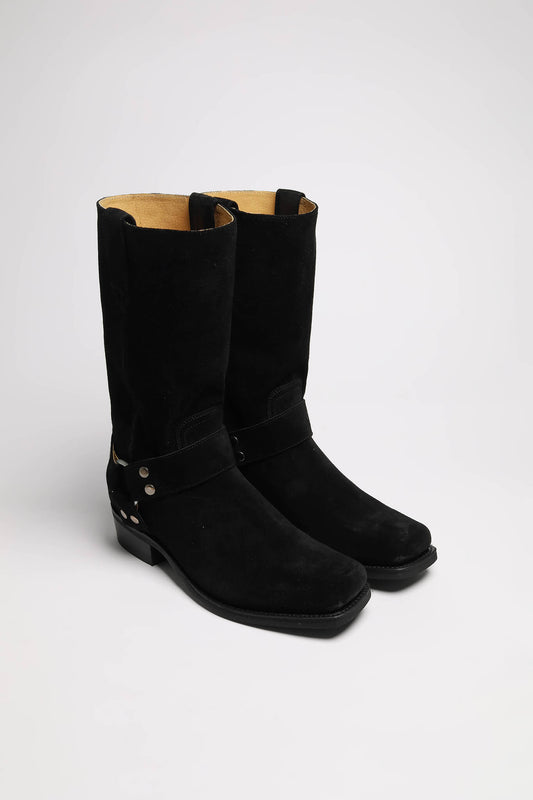 BU2001 JB Suede Black Biker Boots - Rubber Sole