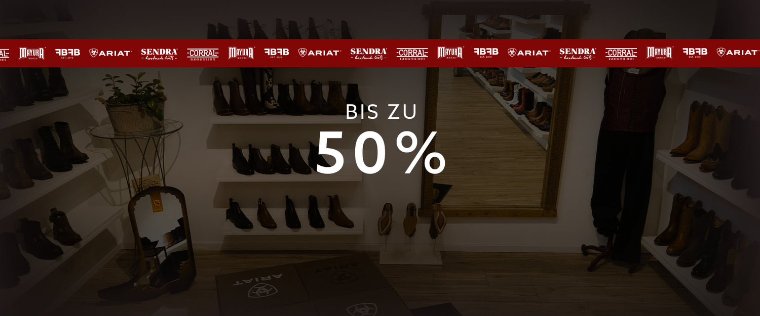 Bis zu 50%, im Hintergrund sieht man den Showroom.